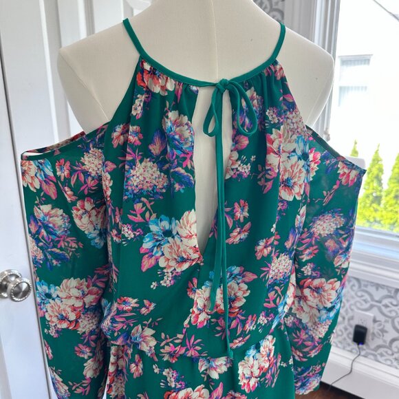 Charles Henry, Green & Pink Floral Cold Shoulder Elastic Waist Mini Dress Size M - Picture 6 of 11